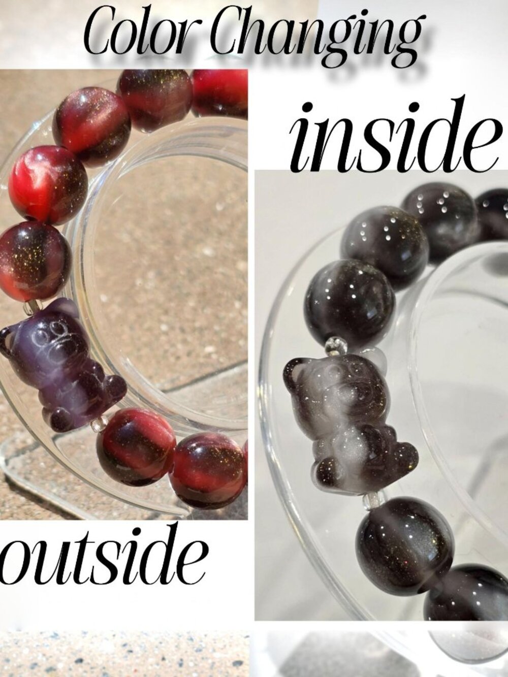 Handmade ✦ Color‑Changing UV Reactive Bracelet ✦ Black to Red Teddy Bear Accent